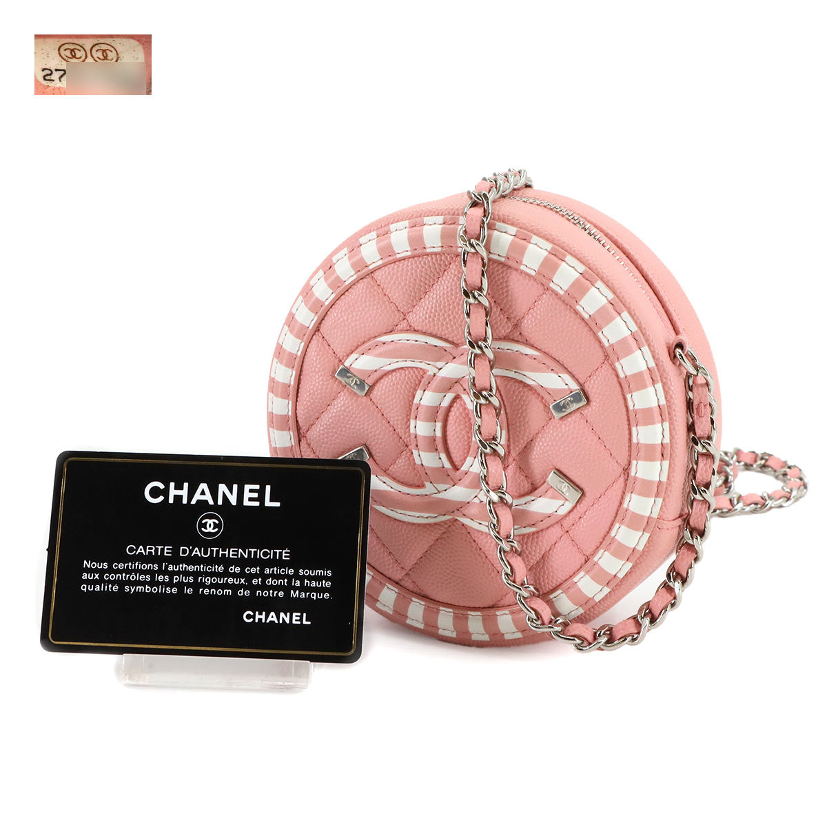 CC Filigree Chain Shoulder Bag Leather Pink White Round