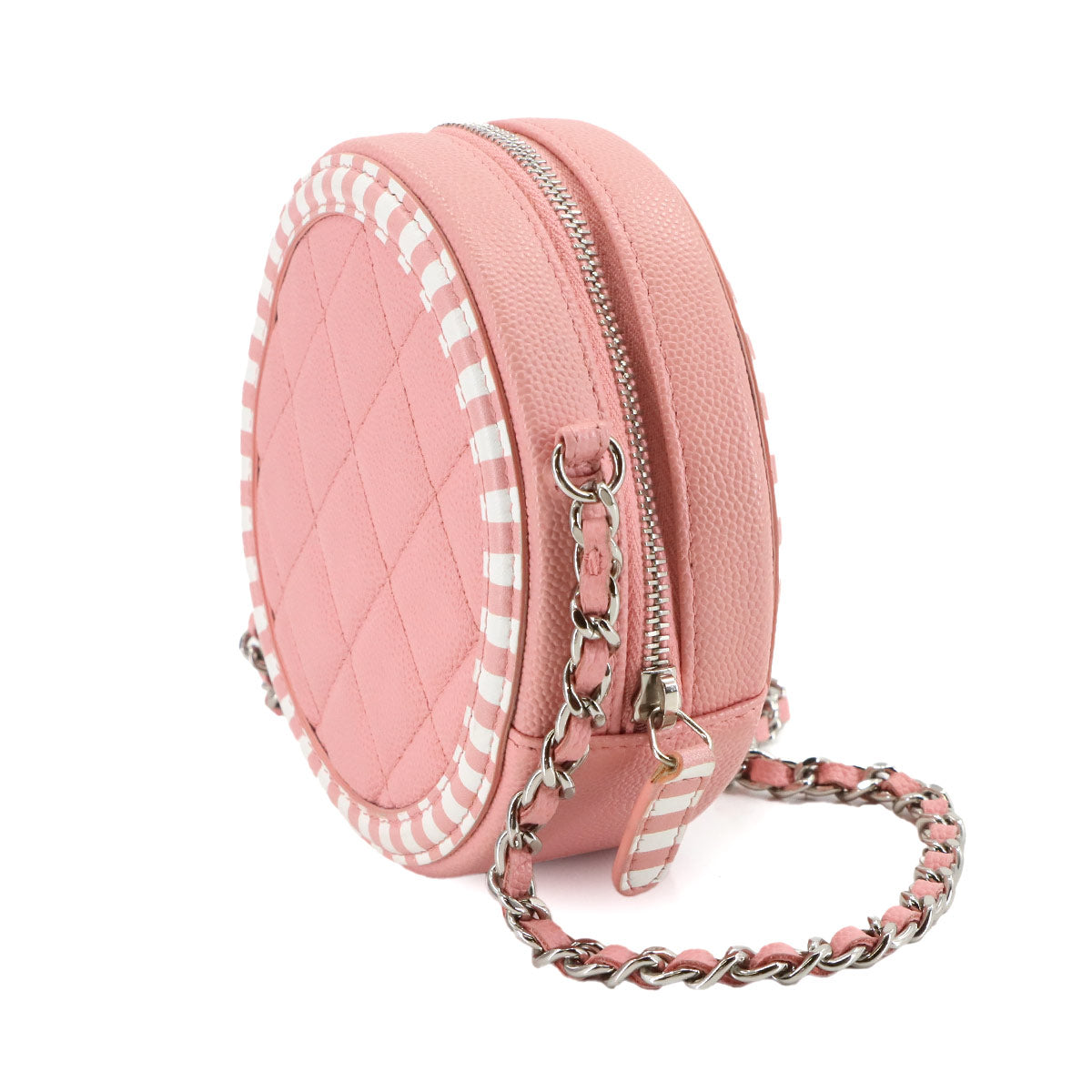 CC Filigree Chain Shoulder Bag Leather Pink White Round