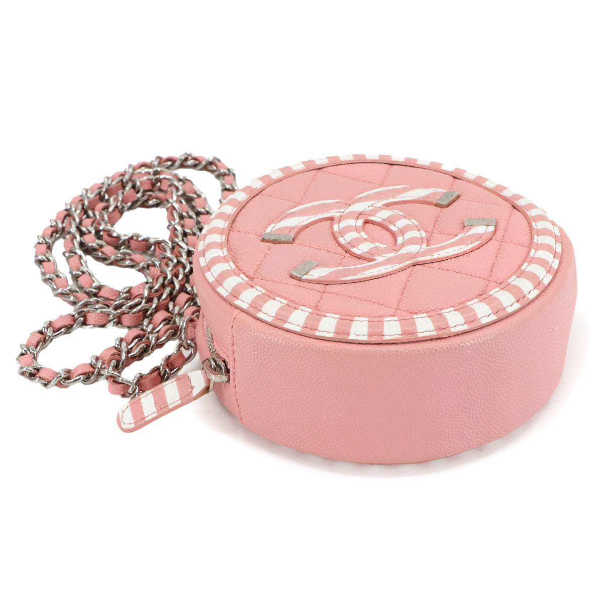 CC Filigree Chain Shoulder Bag Leather Pink White Round