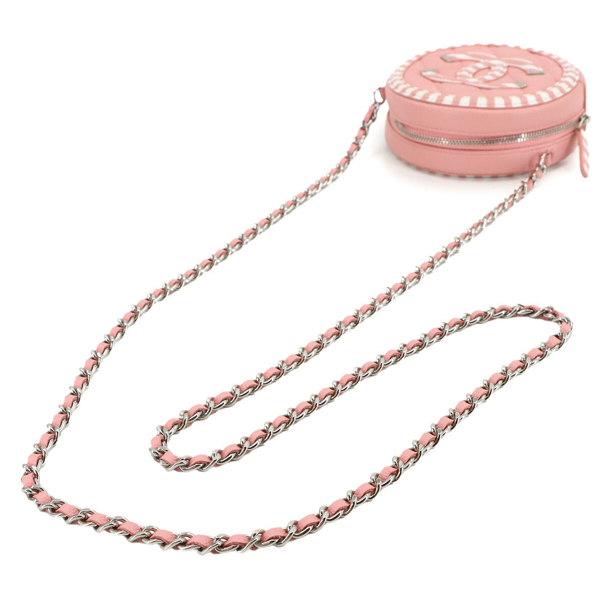 CC Filigree Chain Shoulder Bag Leather Pink White Round