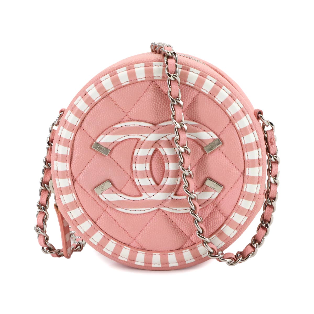 CC Filigree Chain Shoulder Bag Leather Pink White Round