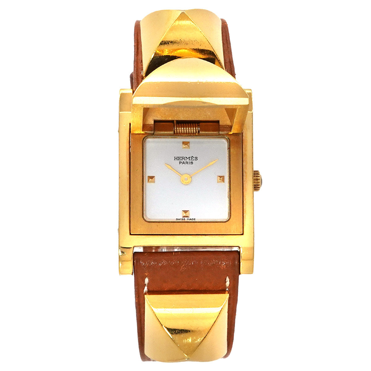 Medor Vintage pyramid Gold studs Quartz White Dial Ladies