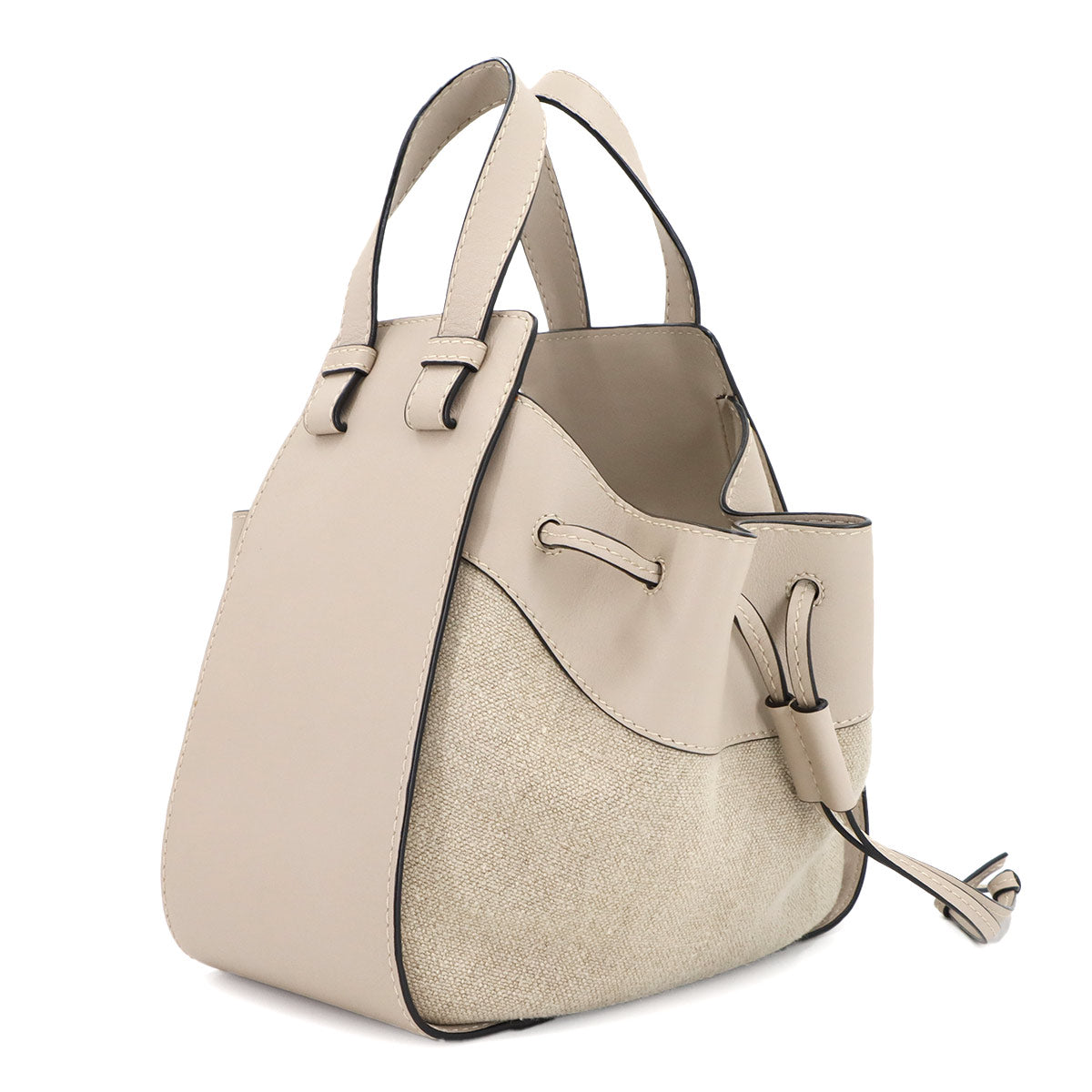 Hammock Drawstring Small Hand Shoulder Bag Leather Canvas Beige