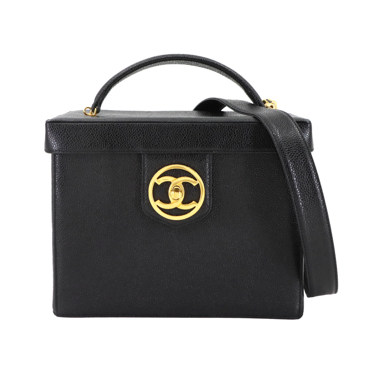 Cavier Skin Vanity 2way Hand Bag Leather Black A01999 Purse