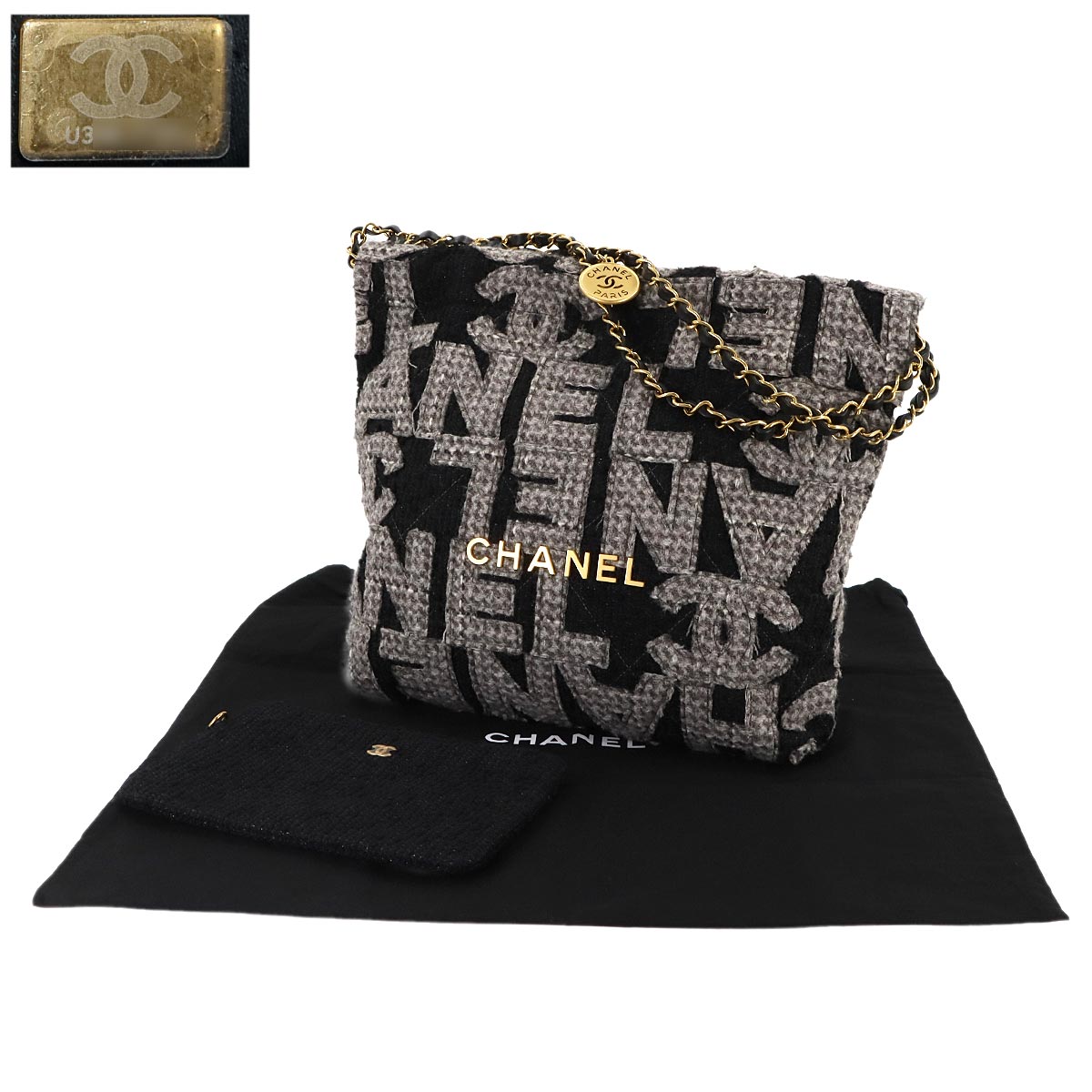 22 Small Chain Shoulder Bag Tweed Leather Black Gray AS3260