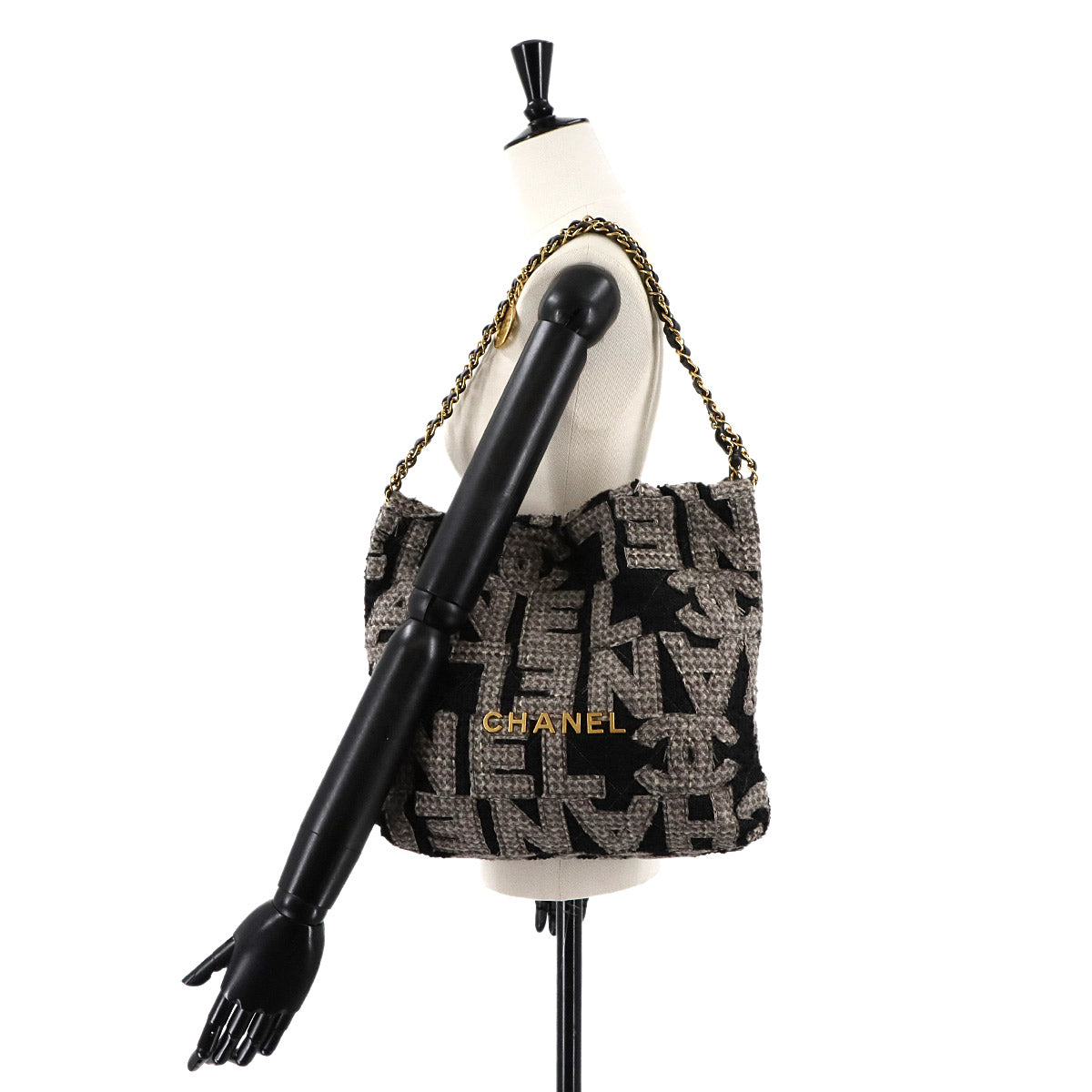 22 Small Chain Shoulder Bag Tweed Leather Black Gray AS3260