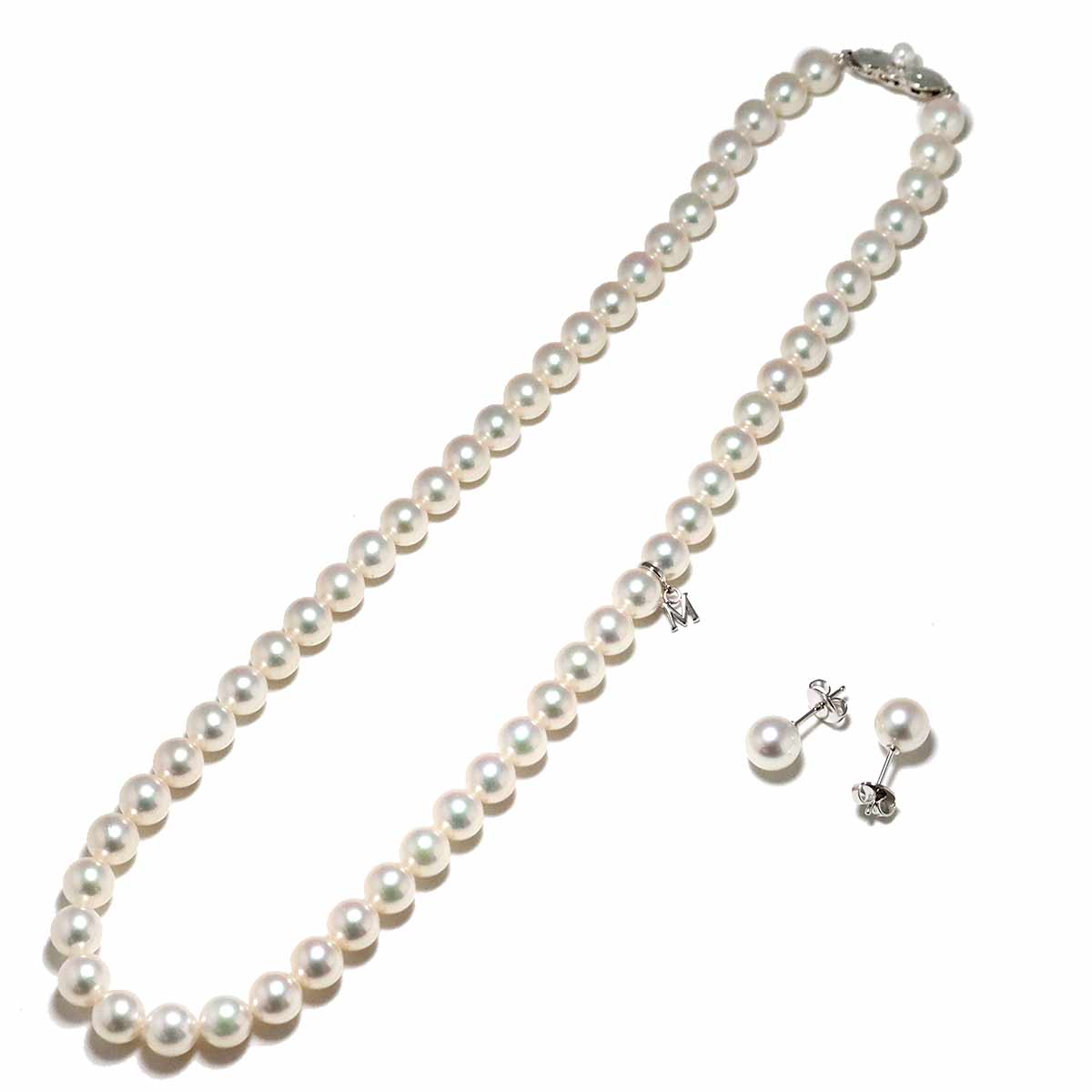 Akoya Pearl SV Necklace 18K WG Earrings Pierced Two piece set