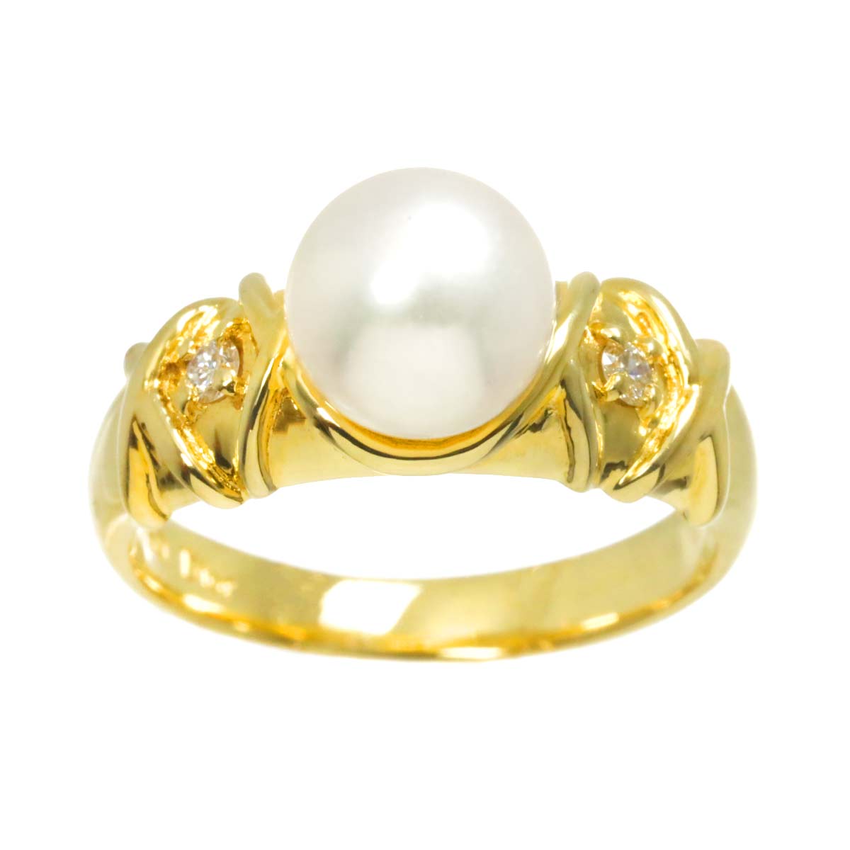Akoya Pearl 7.6mm Diamond Ring 18K YG 750 size6(US)