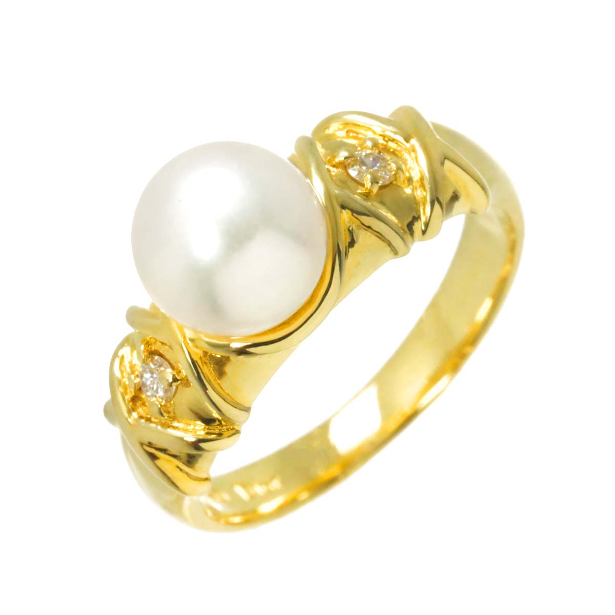 Akoya Pearl 7.6mm Diamond Ring 18K YG 750 size6(US)