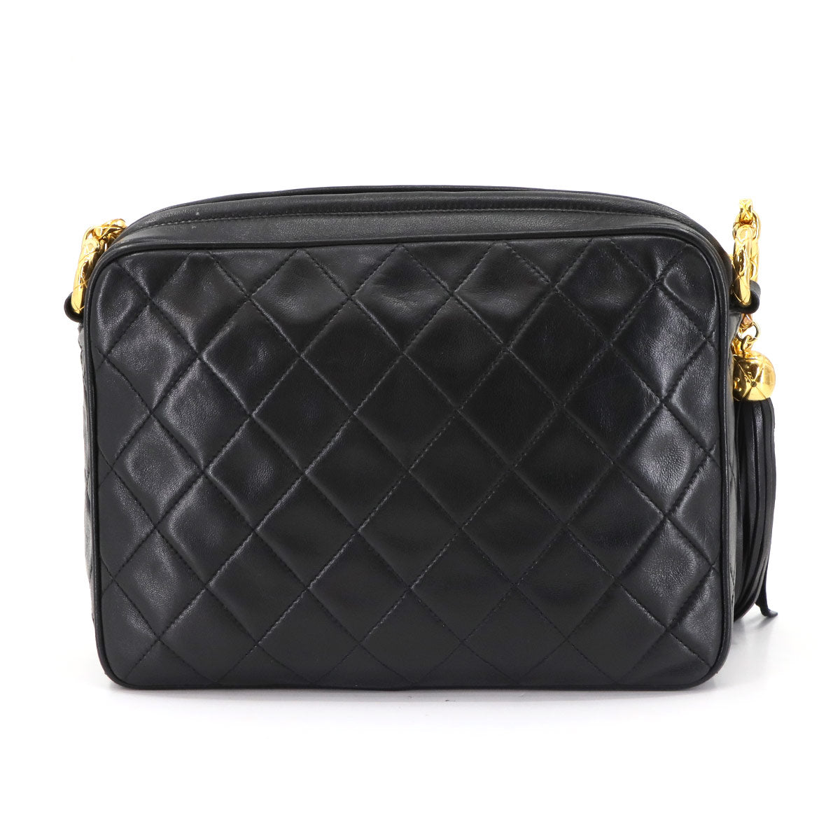 Matelasse Bijou Chain Shoulder Bag Fringe Leather Black