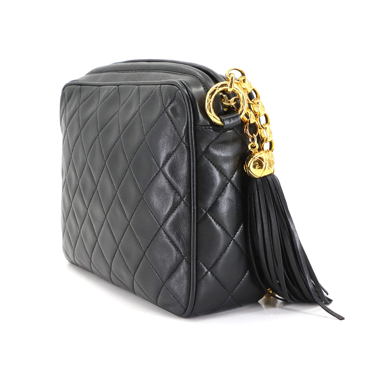 Matelasse Bijou Chain Shoulder Bag Fringe Leather Black