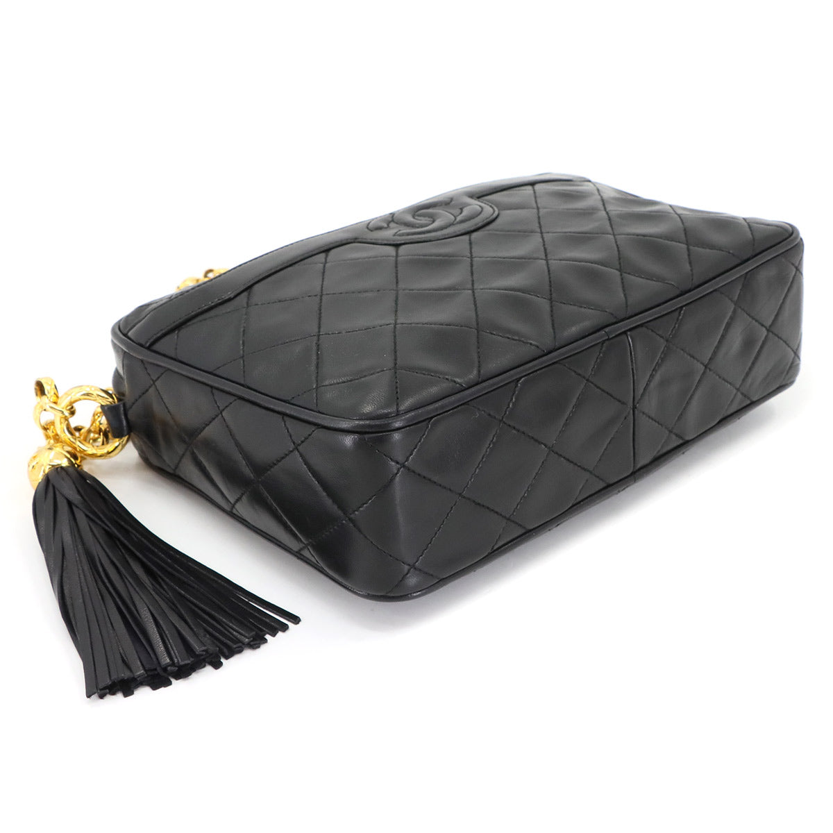 Matelasse Bijou Chain Shoulder Bag Fringe Leather Black