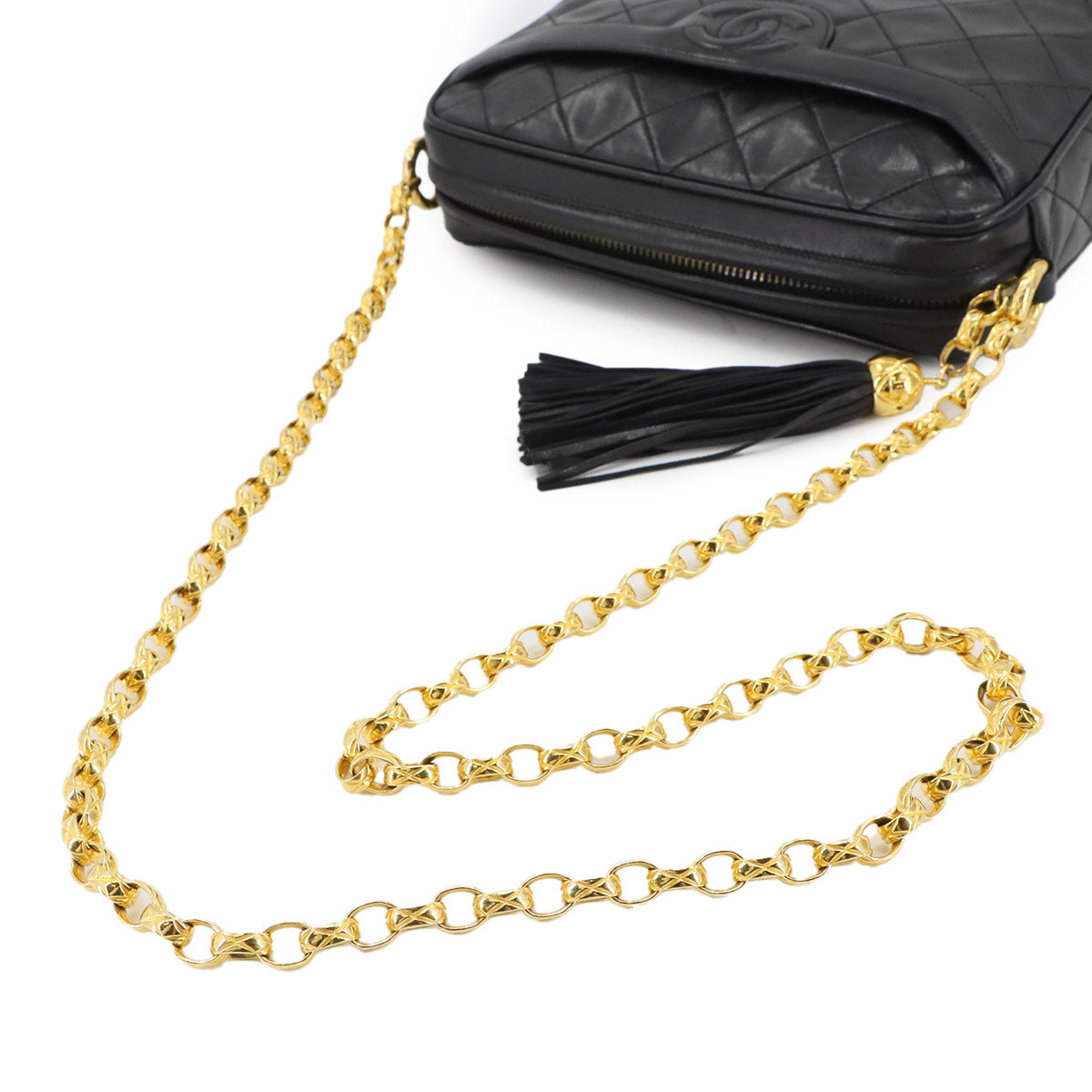 Matelasse Bijou Chain Shoulder Bag Fringe Leather Black