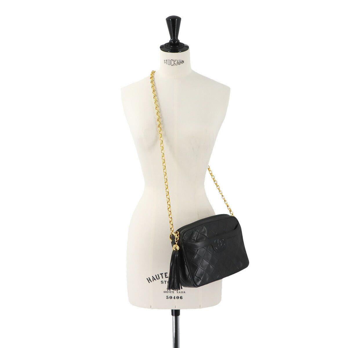 Matelasse Bijou Chain Shoulder Bag Fringe Leather Black