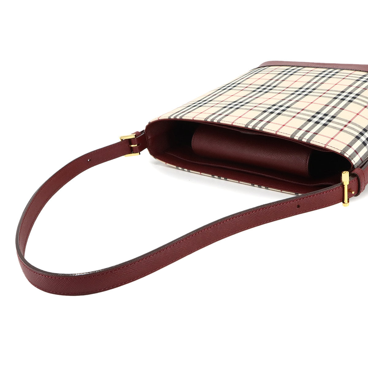 Shoulder Bag Canvas Leather Beige Red Plaid Purse