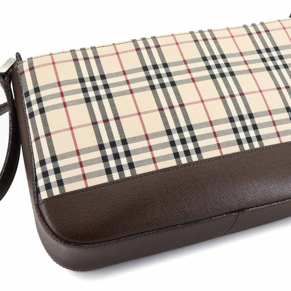 Plaid Shoulder Bag Canvas Leather Beige Brown Purse