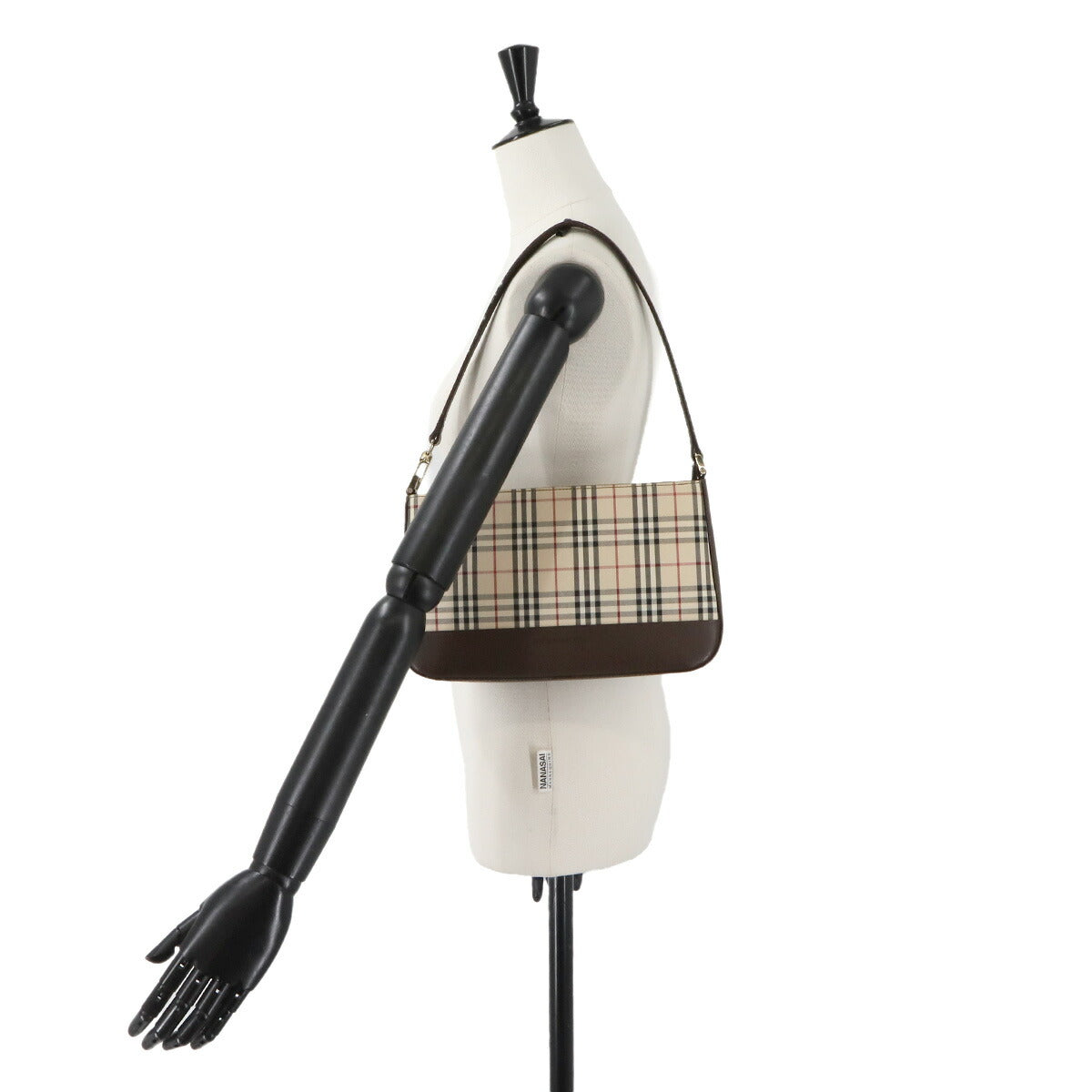 Plaid Shoulder Bag Canvas Leather Beige Brown Purse