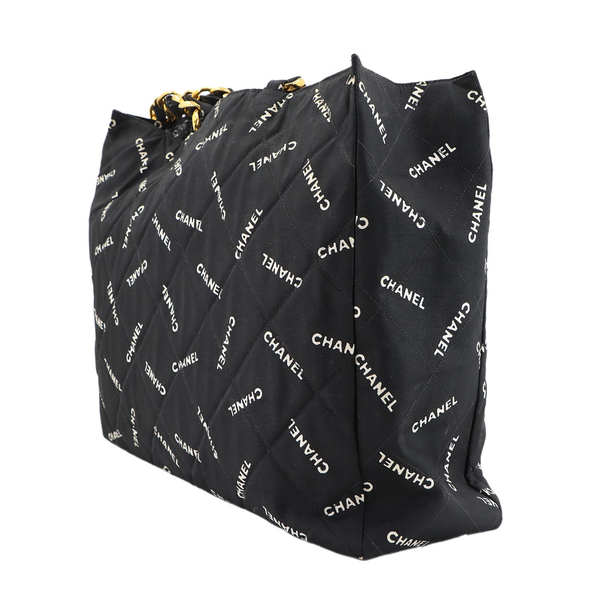 Matelasse Chain Tote Bag Canvas Black White Logos Vintage