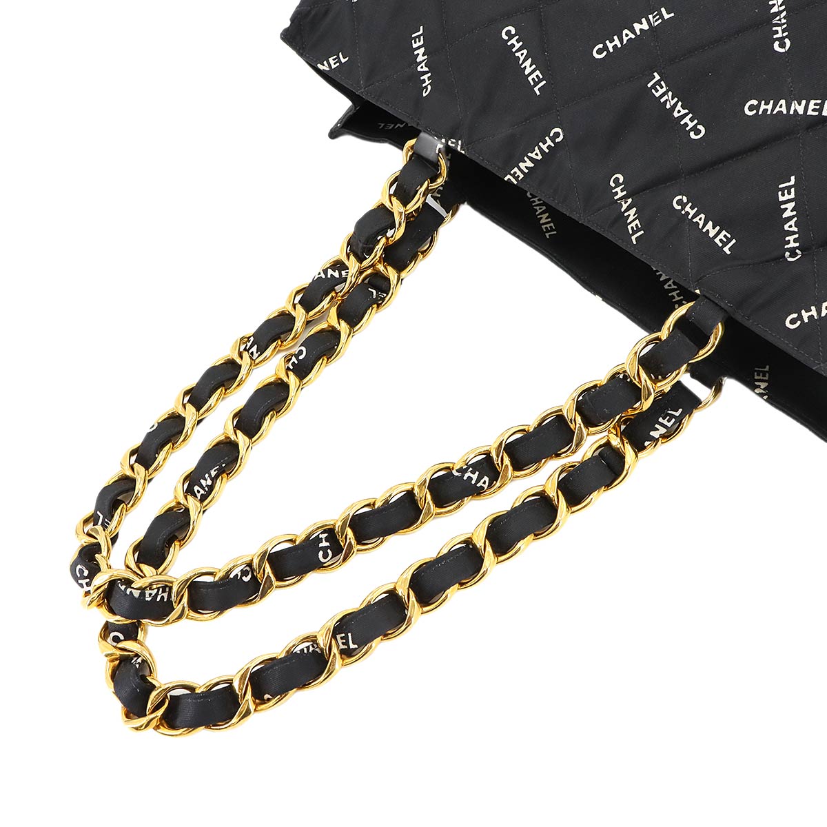 Matelasse Chain Tote Bag Canvas Black White Logos Vintage