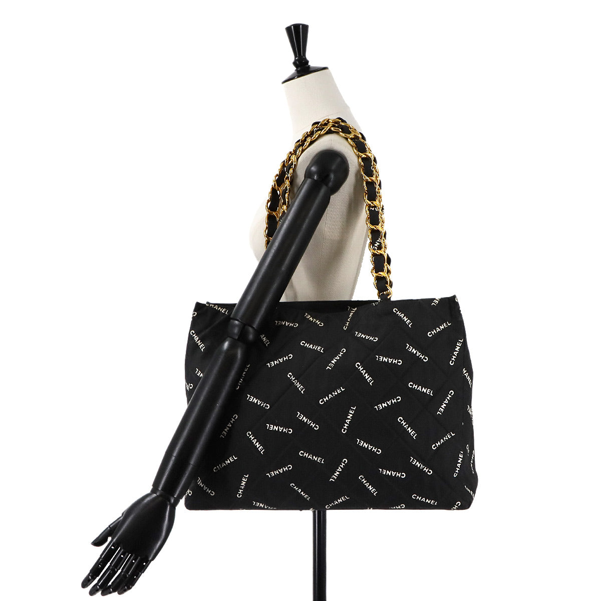 Matelasse Chain Tote Bag Canvas Black White Logos Vintage