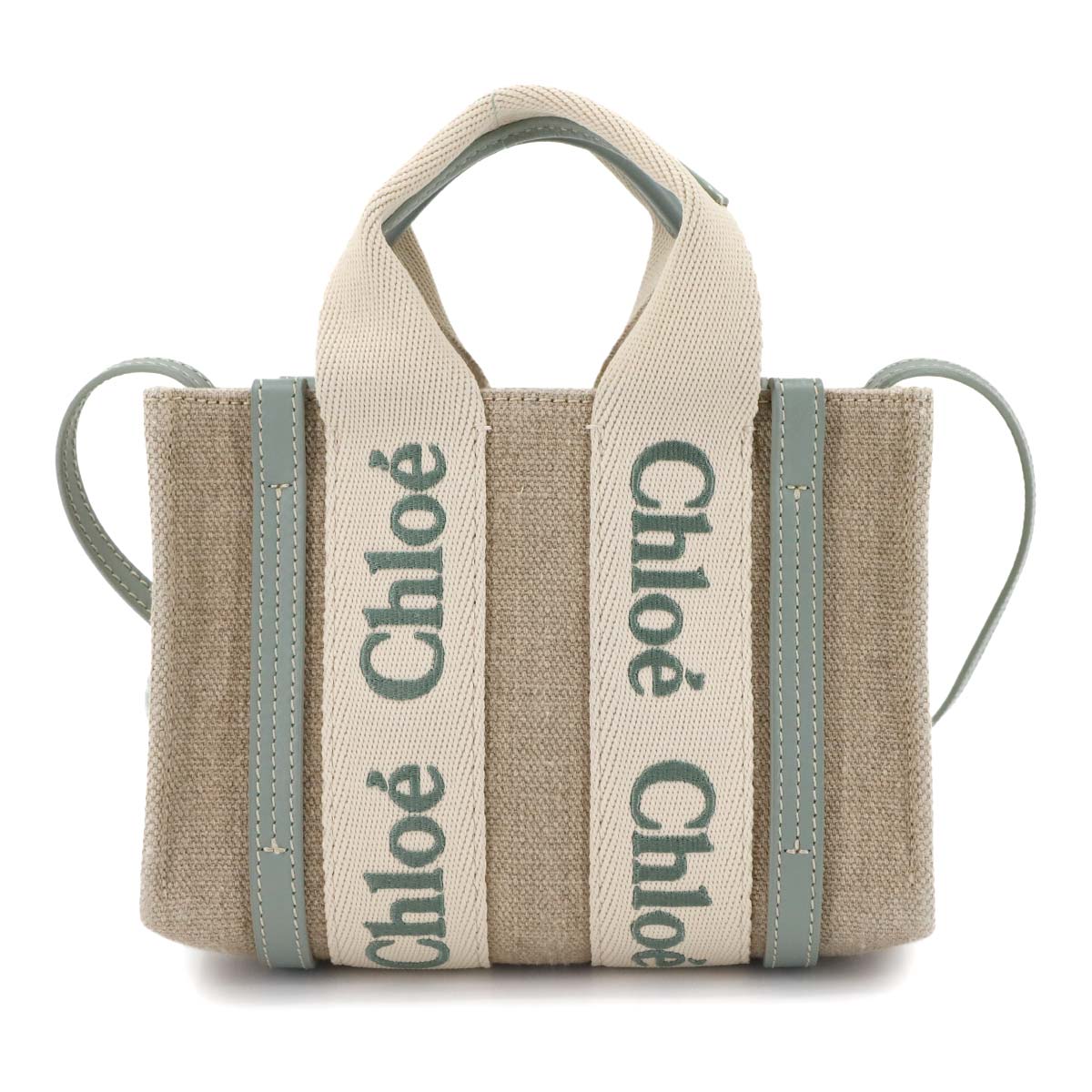 Woody Mini Tote Shoulder Bag Canvas Leather Beige Bluish Green