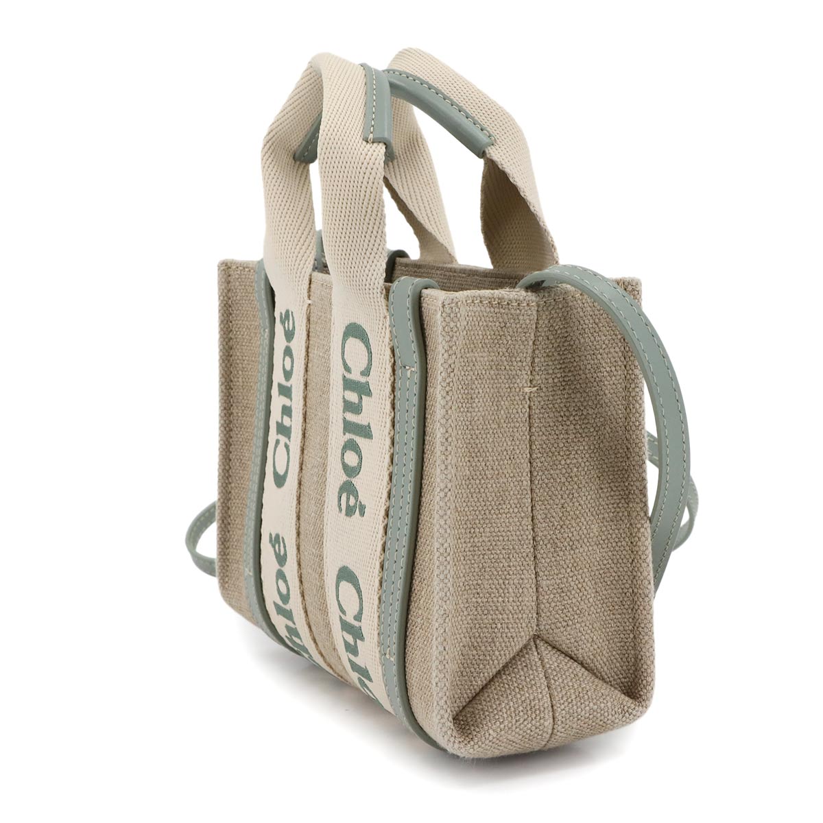 Woody Mini Tote Shoulder Bag Canvas Leather Beige Bluish Green
