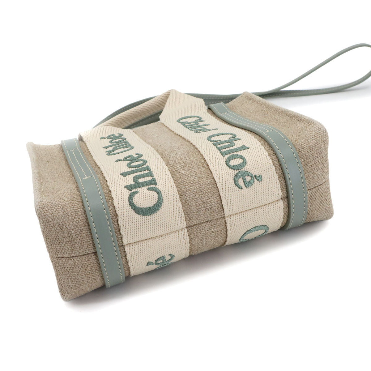 Woody Mini Tote Shoulder Bag Canvas Leather Beige Bluish Green