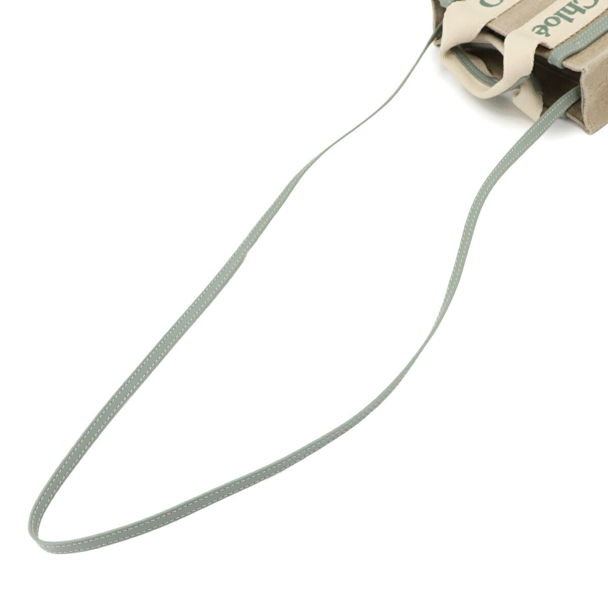 Woody Mini Tote Shoulder Bag Canvas Leather Beige Bluish Green