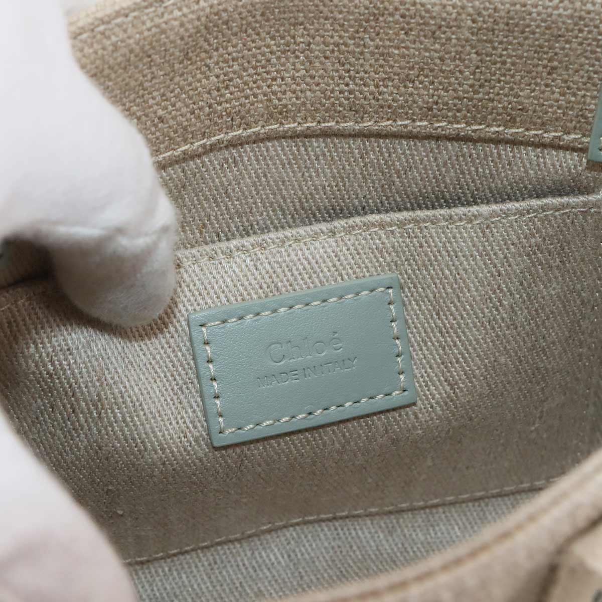 Woody Mini Tote Shoulder Bag Canvas Leather Beige Bluish Green