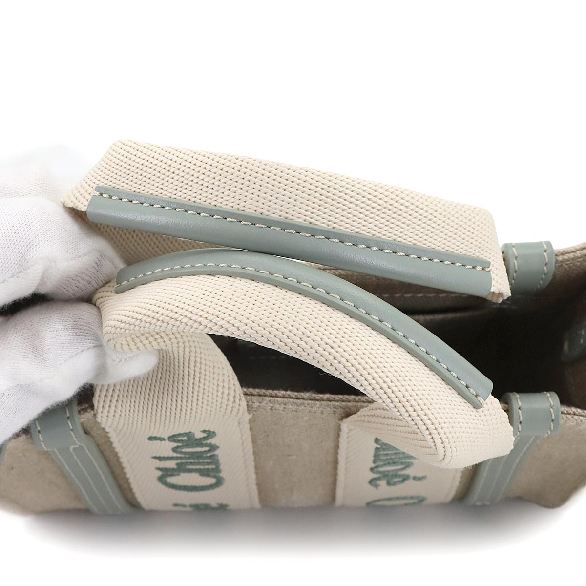 Woody Mini Tote Shoulder Bag Canvas Leather Beige Bluish Green