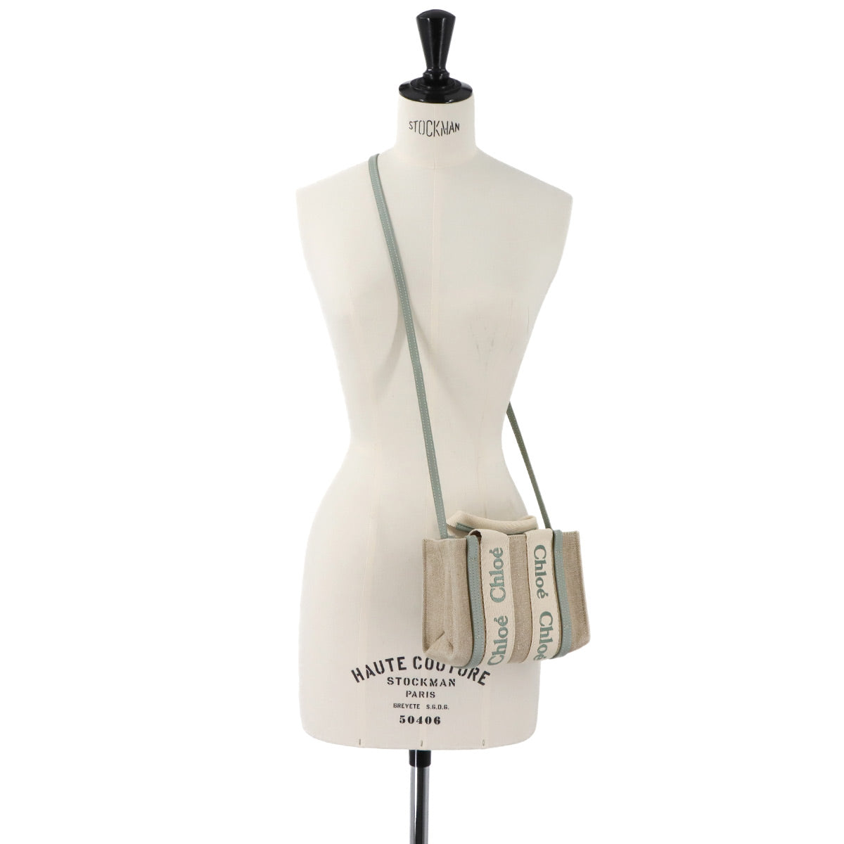 Woody Mini Tote Shoulder Bag Canvas Leather Beige Bluish Green