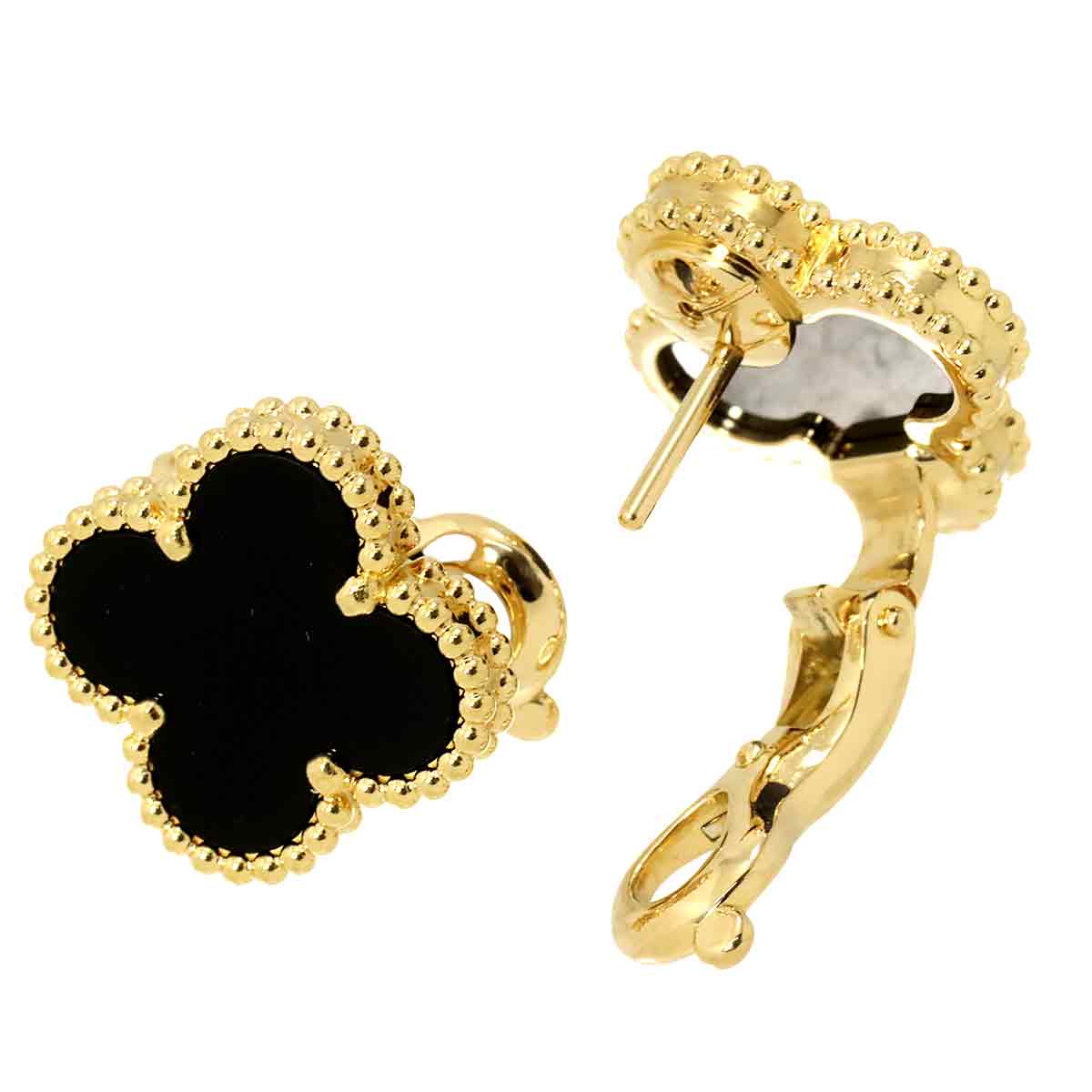 Vintage Alhambra Onyx Earrings Pierced 18K YG 750