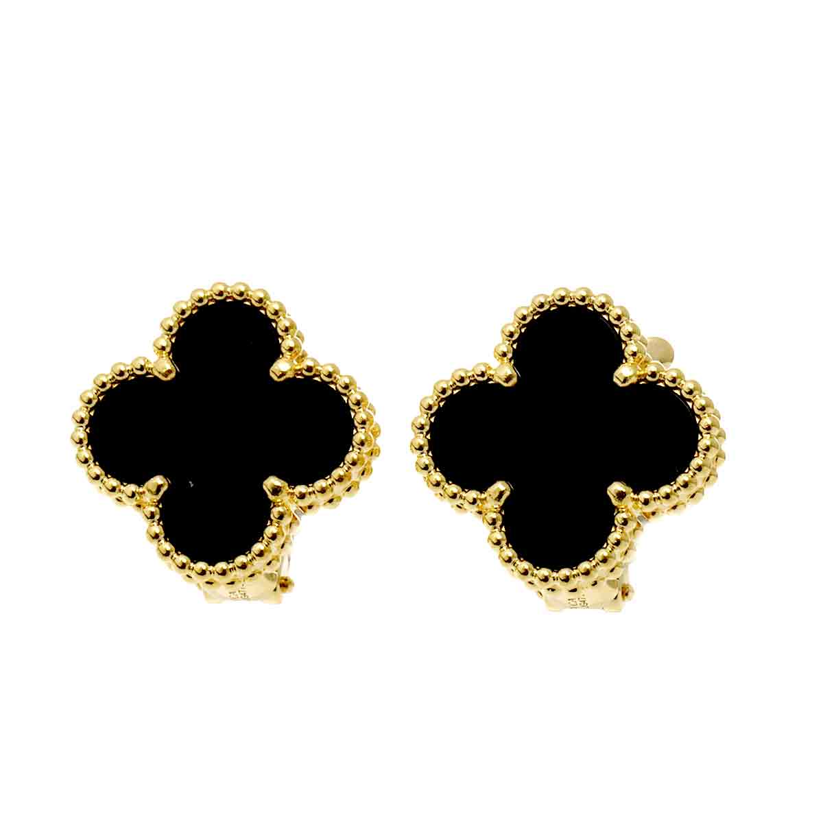 Vintage Alhambra Onyx Earrings Pierced 18K YG 750