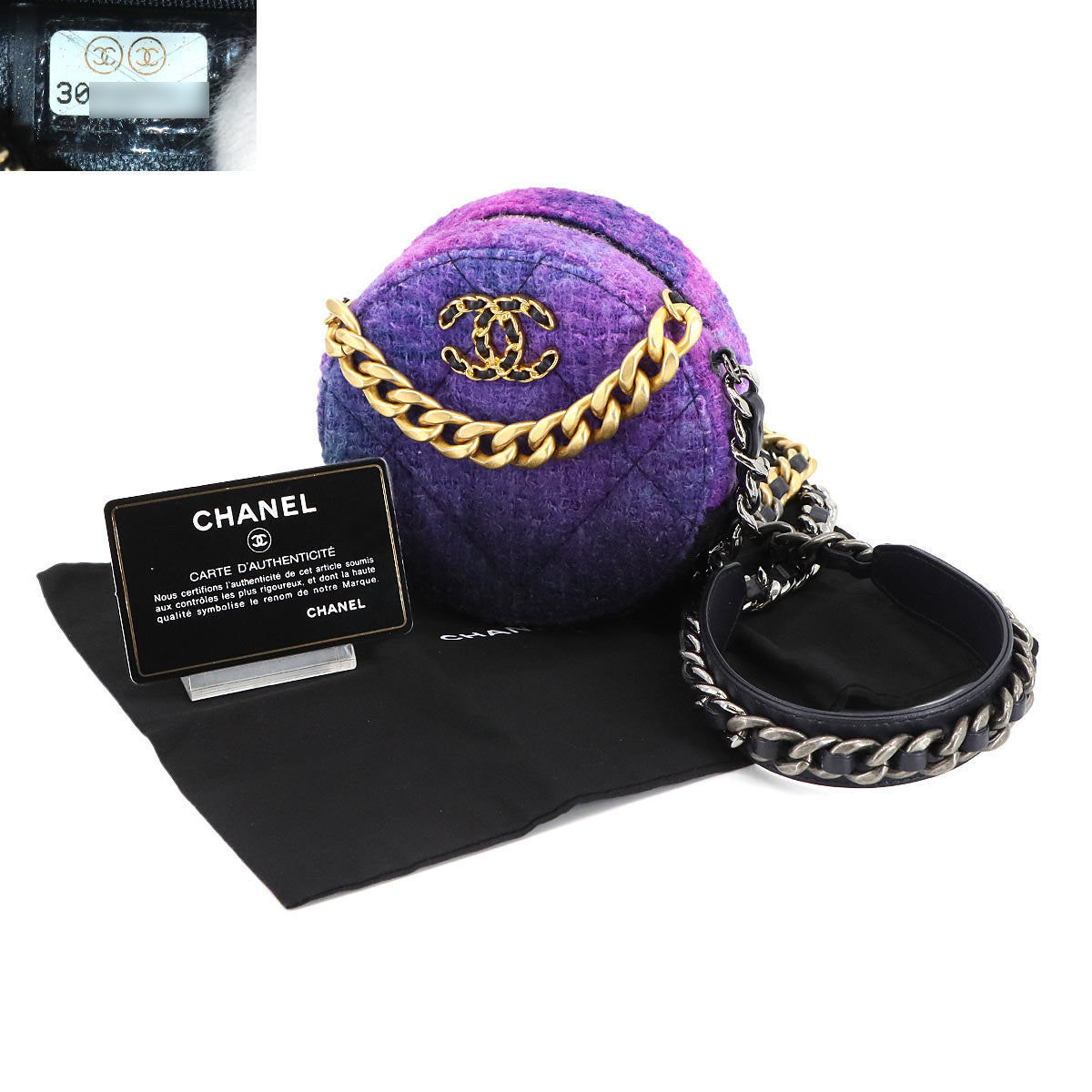 19 Round Clutch Chain Shoulder Bag Tweed Leather Purple AP0945