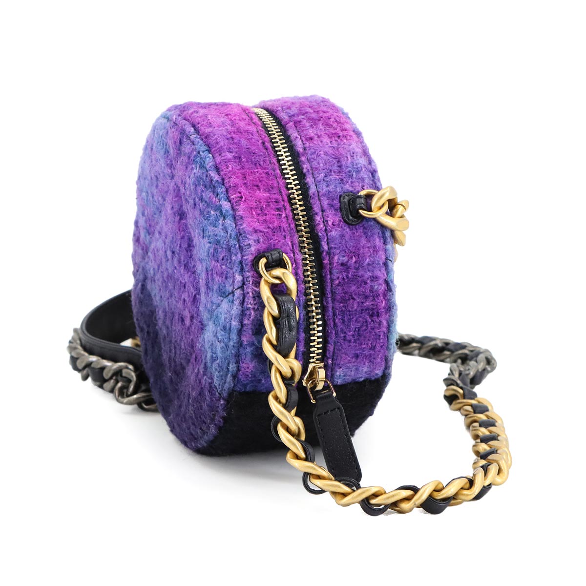 19 Round Clutch Chain Shoulder Bag Tweed Leather Purple AP0945