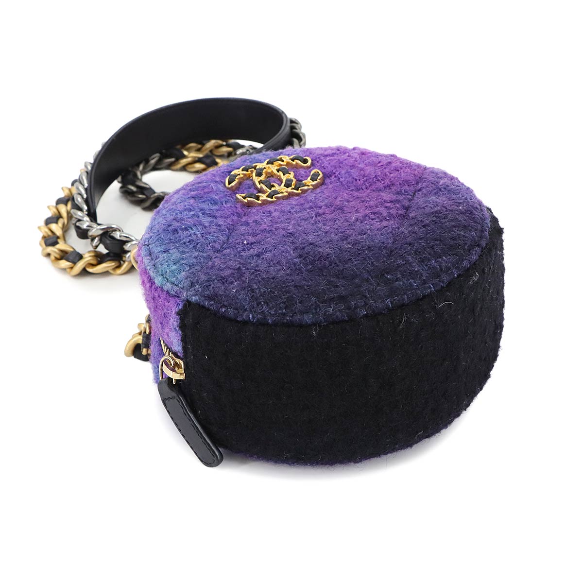 19 Round Clutch Chain Shoulder Bag Tweed Leather Purple AP0945