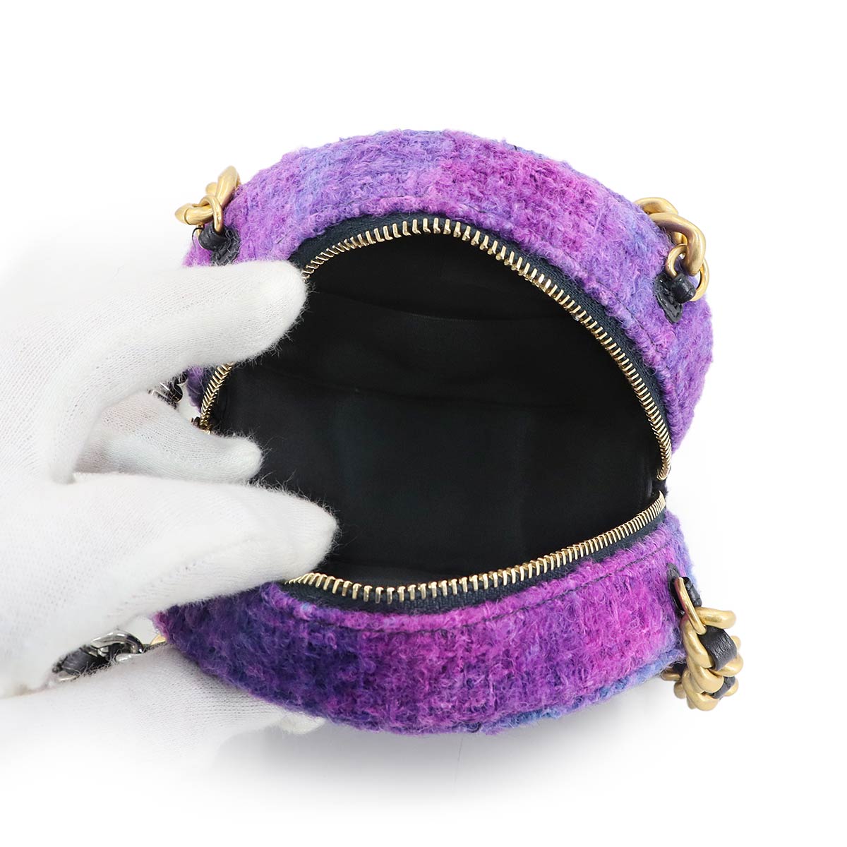 19 Round Clutch Chain Shoulder Bag Tweed Leather Purple AP0945