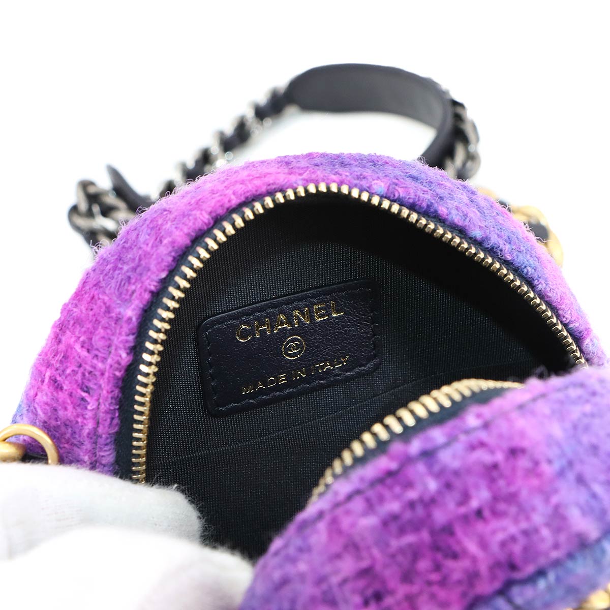 19 Round Clutch Chain Shoulder Bag Tweed Leather Purple AP0945