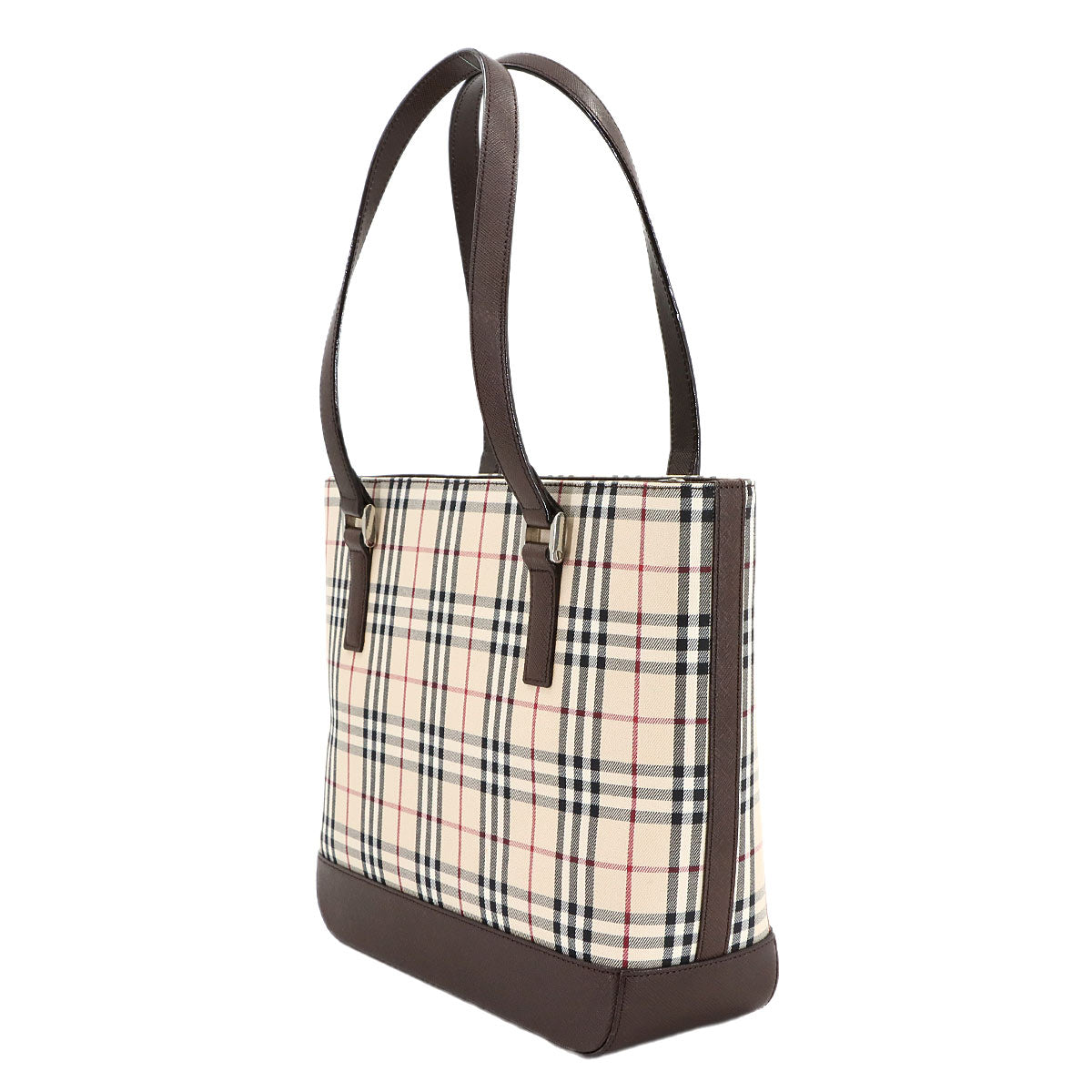 Plaid Tote Bag Canvas Leather Beige Brown Purse