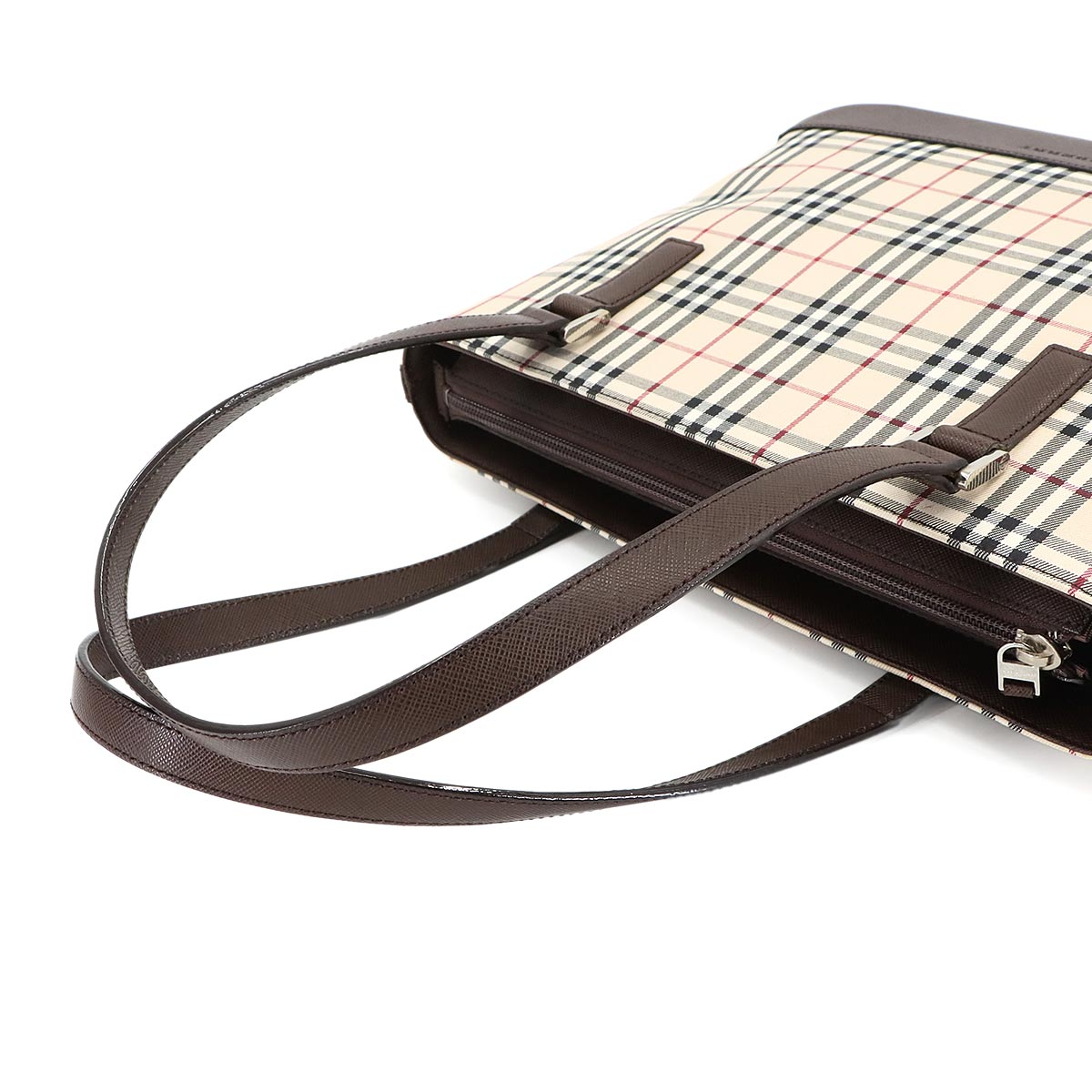 Plaid Tote Bag Canvas Leather Beige Brown Purse