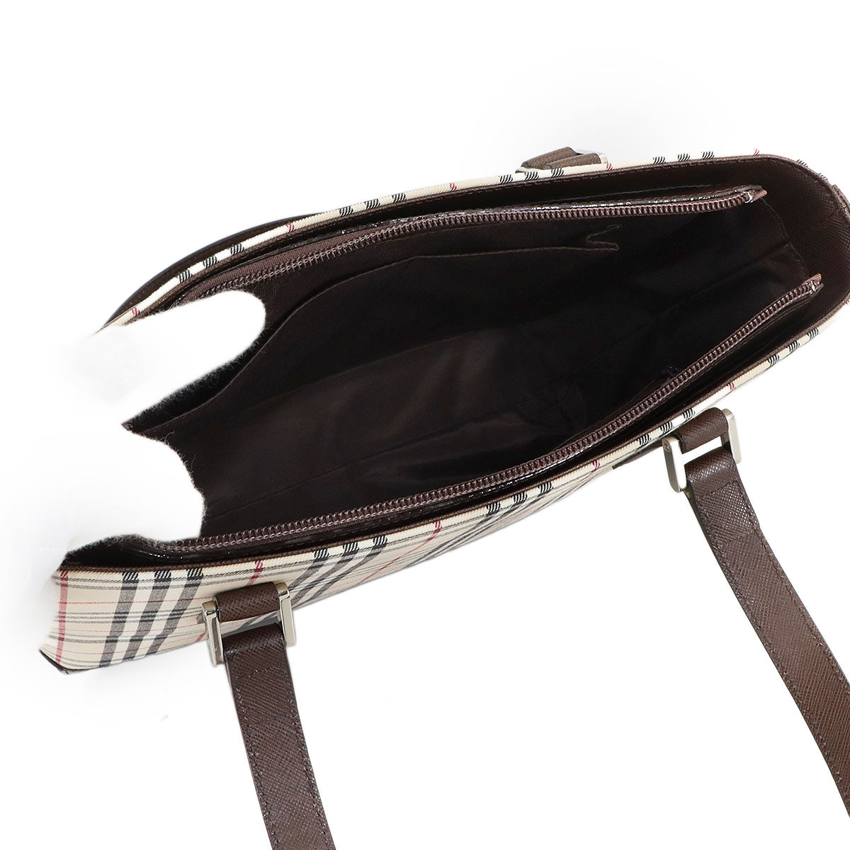 Plaid Tote Bag Canvas Leather Beige Brown Purse