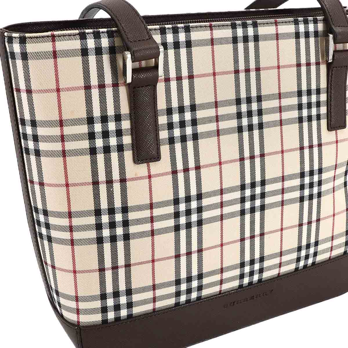 Plaid Tote Bag Canvas Leather Beige Brown Purse