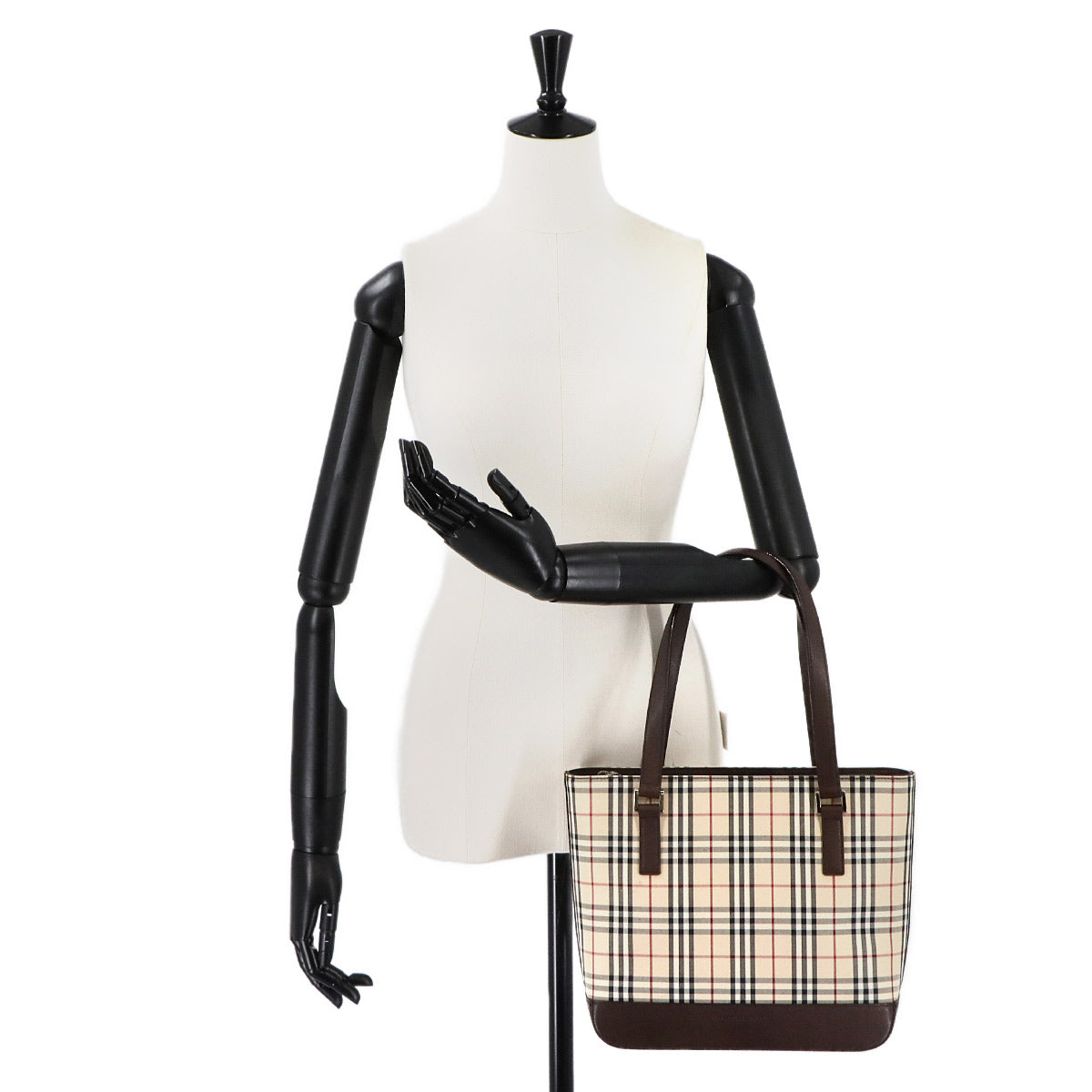 Plaid Tote Bag Canvas Leather Beige Brown Purse