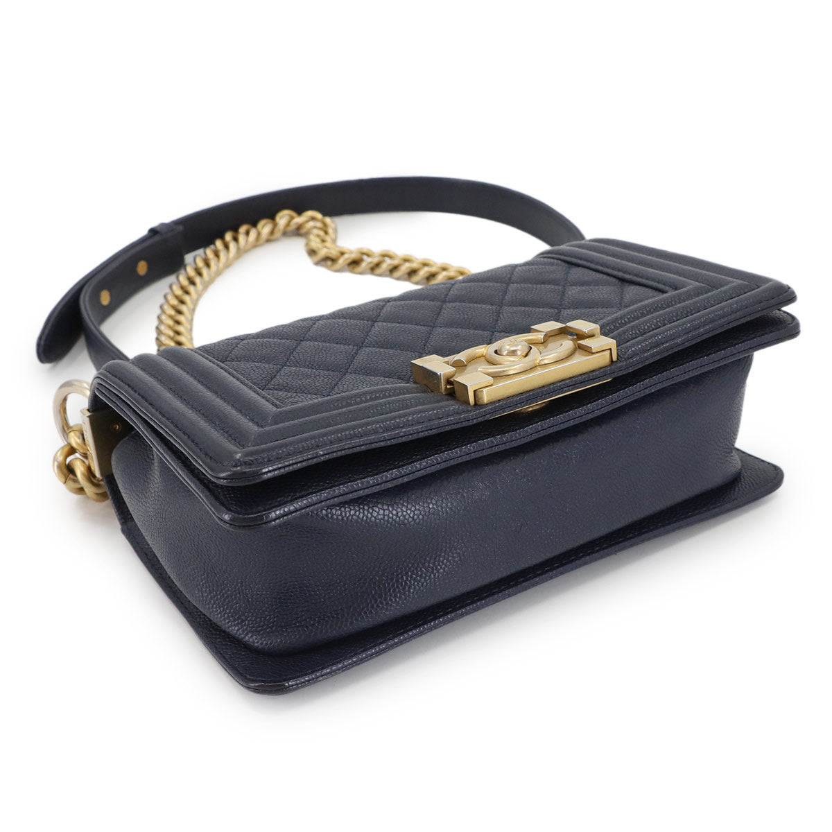 BOY CHANEL Small Chain Shoulder Bag Leather Navy A67085