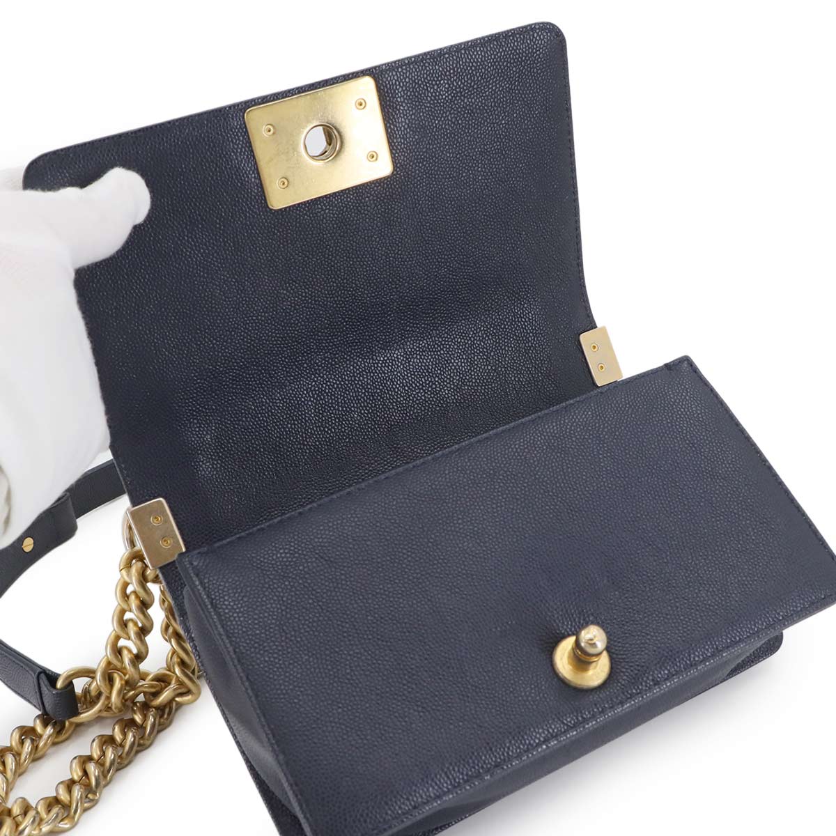 BOY CHANEL Small Chain Shoulder Bag Leather Navy A67085