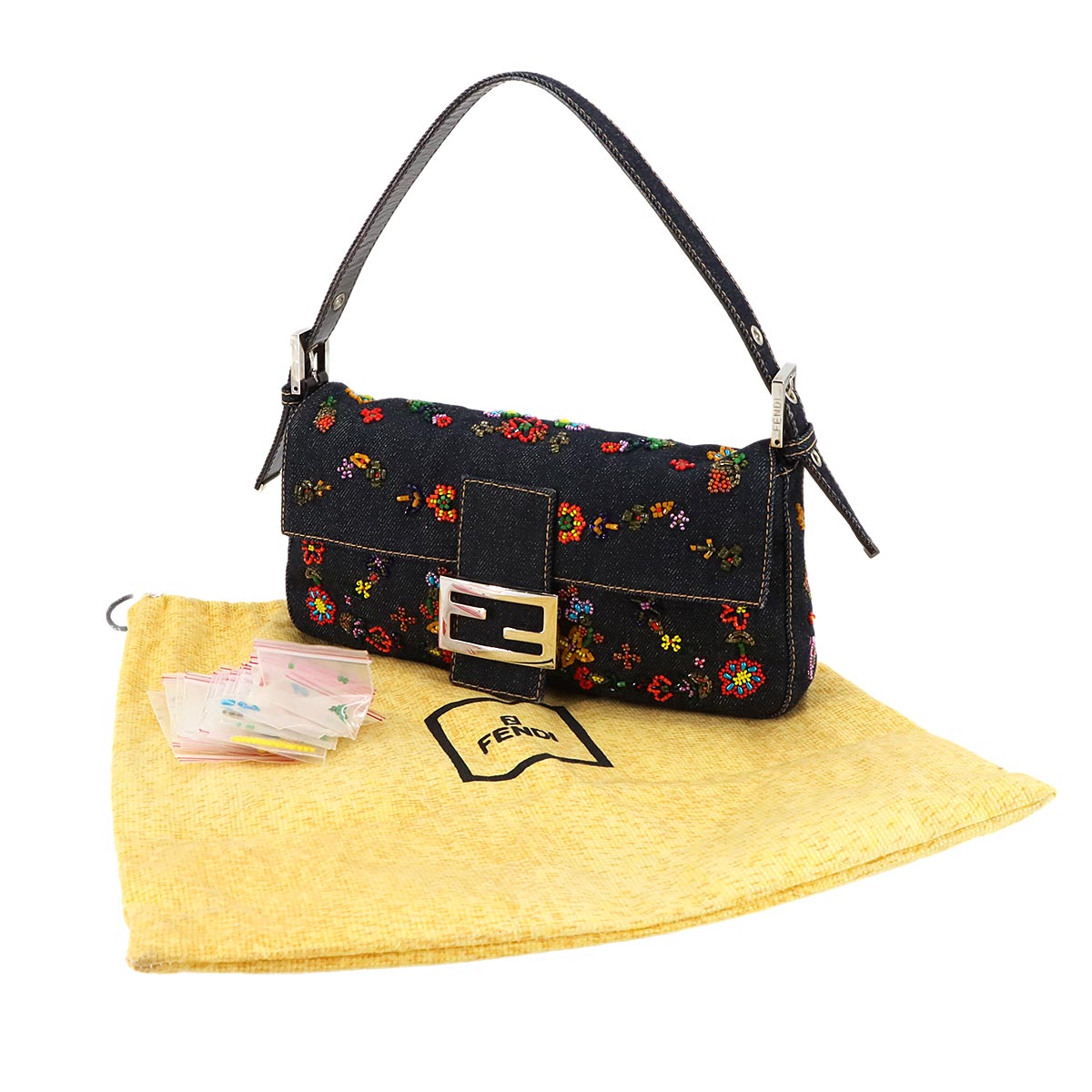 Mamma Baguette Shoulder Bag Denim Navy Beaded embroidery