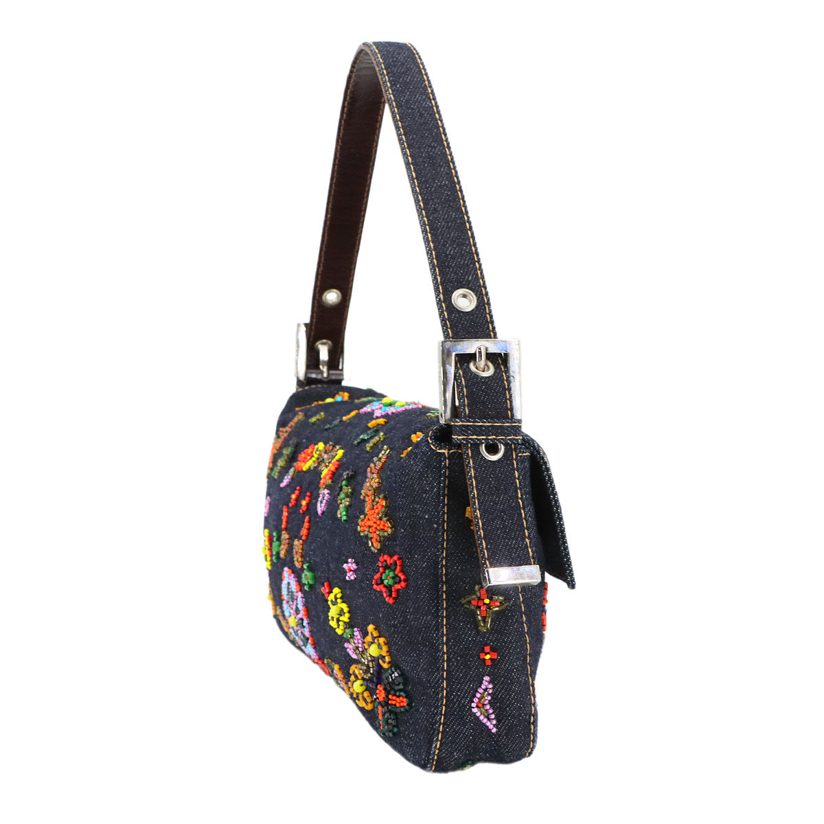 Mamma Baguette Shoulder Bag Denim Navy Beaded embroidery