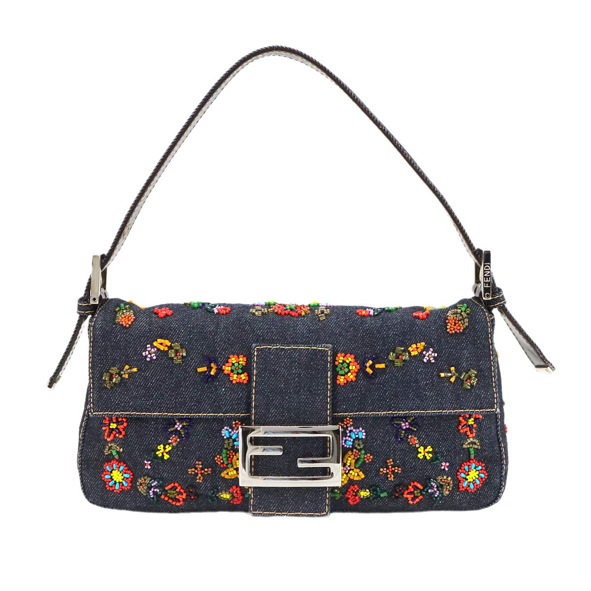 Mamma Baguette Shoulder Bag Denim Navy Beaded embroidery