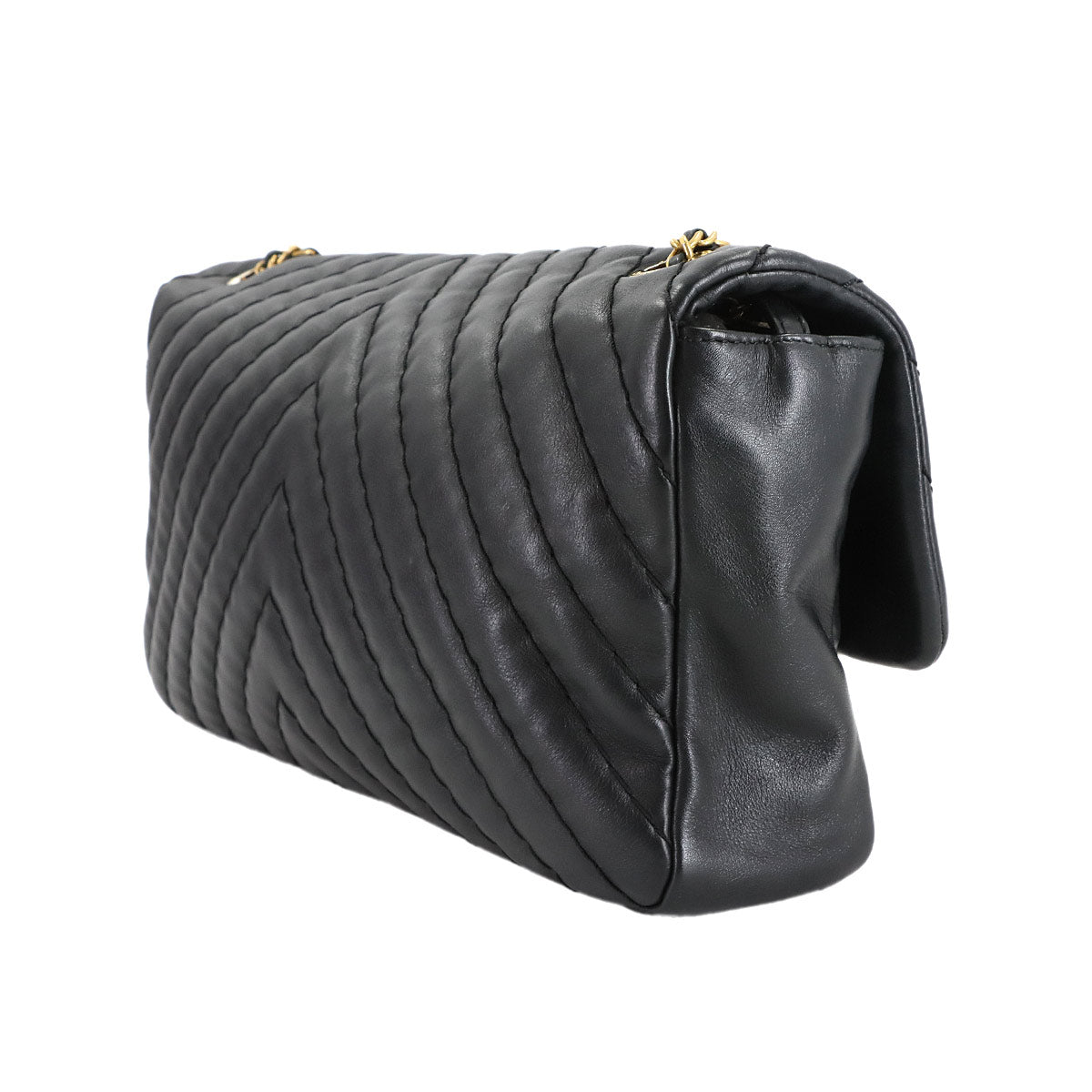 Chevron V Stitch Chain Shoulder Bag Leather Black Purse