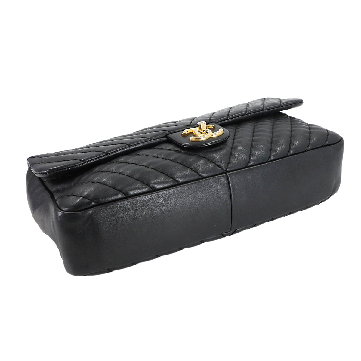 Chevron V Stitch Chain Shoulder Bag Leather Black Purse